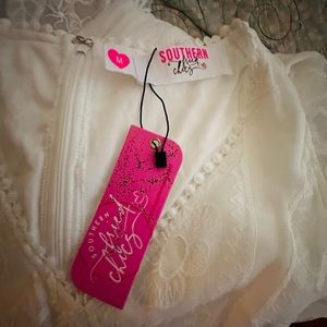 Southern Fried Chicks white long lace dress . Medium, brand new with tags